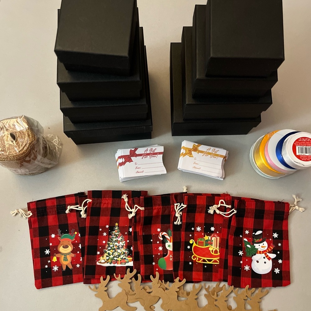 Gift boxes, sacks, gift card sleeves, and ribbon bundle